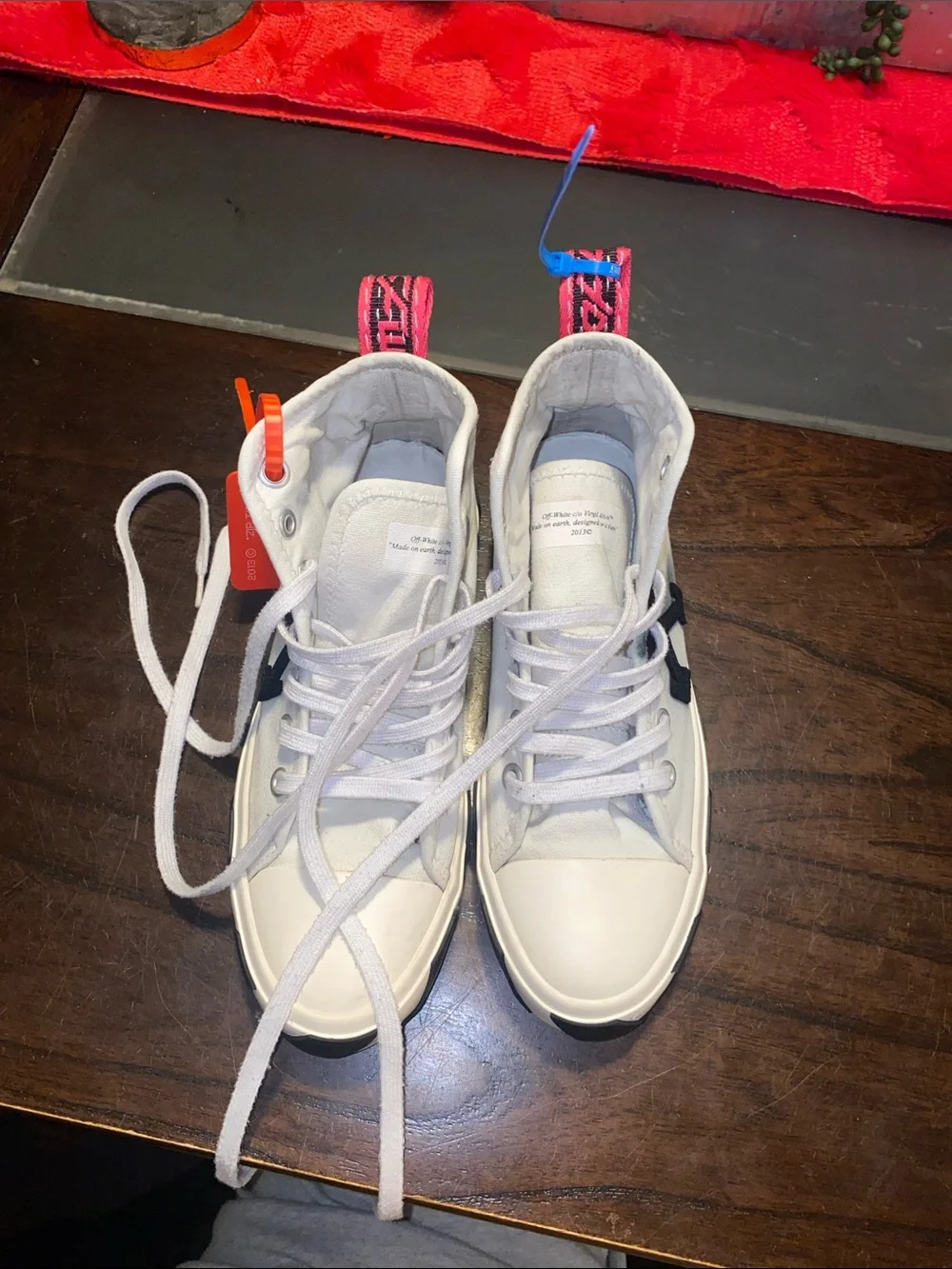 Off-White White and Black Canvas High-Top Sneakers with Orange Tag